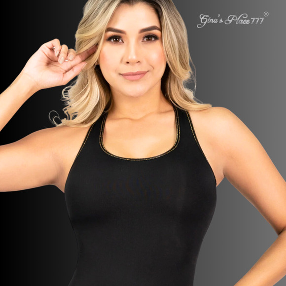 NWT WOMENS TANK CRISS CROSS METALLIC TRIMBACK TUMMY COMPRESSION BODYSUIT L/36 - Picture 3 of 16